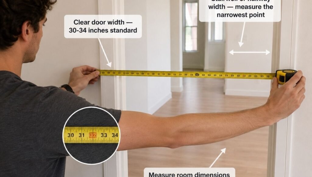 A person measuring an apartment doorway with a tape measure before furniture arrives, with annotation labels showing what to measure: clear door width, stairwell clearance, elevator dimensions — the essential pre-purchase measurement checklist
