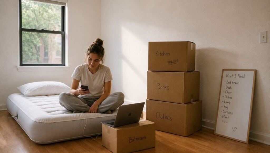 A young person sitting on an air mattress in their empty first apartment surrounded by moving boxes, laptop open, looking at their phone — the universal first-apartment move-in day scene of starting from scratch
