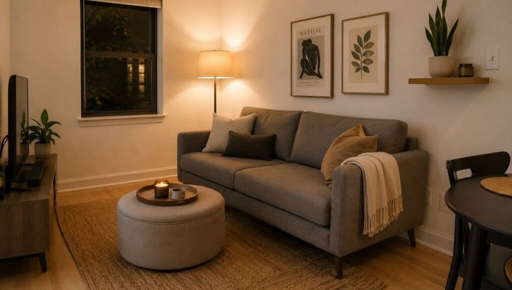 The same small apartment one month after move-in, now thoughtfully furnished: a correctly sized sofa, a storage ottoman as coffee table, warm 2700K lighting, a jute rug anchoring the seating zone, and a few plants — showing what the space looks like when decisions are made correctly and patiently
