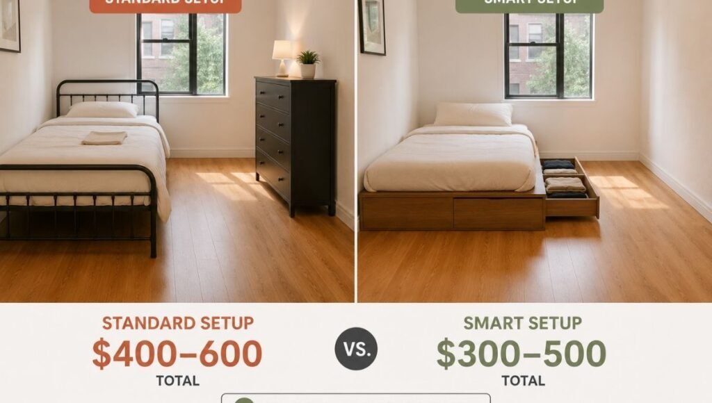 Split view showing two first apartment bedroom setups: left shows a standard bed frame plus a separate dresser consuming significant floor space, right shows a platform bed with storage drawers that replaces the dresser — saving floor space and money simultaneously
