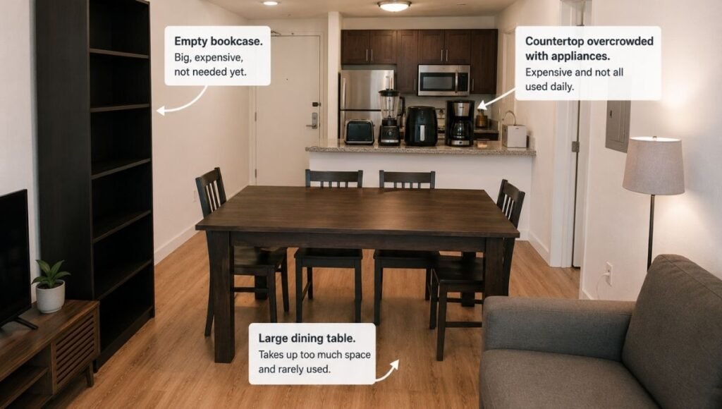 A small apartment showing furniture that most people buy unnecessarily: a large dining table taking up floor space with no one at it, an empty bookcase bought before unpacking books, and multiple kitchen appliances on a crowded counter — illustrating what to skip in month one
