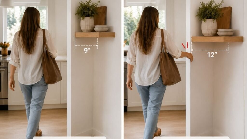 Split view showing corner shelf depth impact: left shows a 9-inch deep corner shelf in a kitchen corner with clear circulation past it, right shows a 12-inch deep shelf in the same corner creating an elbow-catching obstacle in the traffic path
