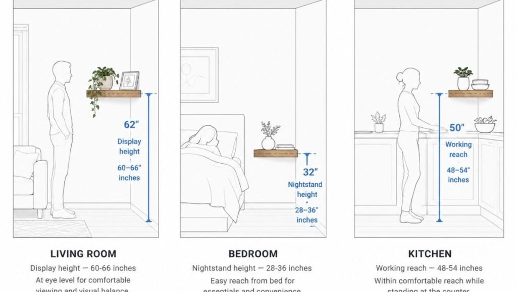 A room elevation diagram showing correct floating corner shelf mounting heights for three rooms: living room at 60–66 inches for display, bedroom at 28–36 inches as nightstand replacement, kitchen at 48–54 inches for working reach
