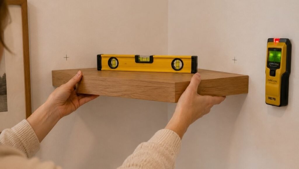 A person holding a floating corner shelf bracket against a wall corner at the desired height, using a small level on the shelf surface to verify it is level across both axes before marking and drilling — showing the correct pre-drilling verification step
