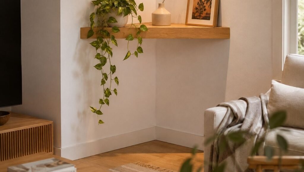 A small apartment living room corner with a natural oak floating corner shelf mounted at 62 inches, holding a trailing pothos plant, a small ceramic vase, and one framed print — showing how a corner shelf transforms an unused corner into an intentional design feature
