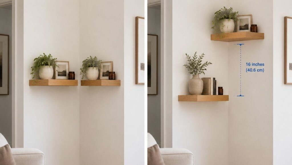 Split view of two corner shelf arrangements: left shows two shelves at identical heights looking accidental and unintentional, right shows two shelves staggered 16 inches apart looking like a considered design system
