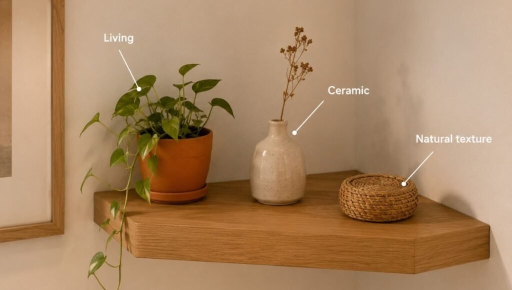 A floating corner shelf styled with the three-material rule: one living plant element, one ceramic object, and one woven natural element — showing what intentional corner shelf styling looks like versus random object accumulation
