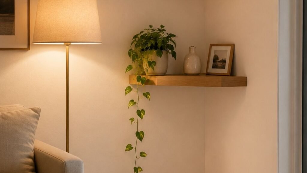 A small apartment corner fully transformed with two staggered floating corner shelves — lower at 48 inches with a trailing pothos and ceramic objects, upper at 64 inches with a small plant and books — showing a complete corner storage and display system
