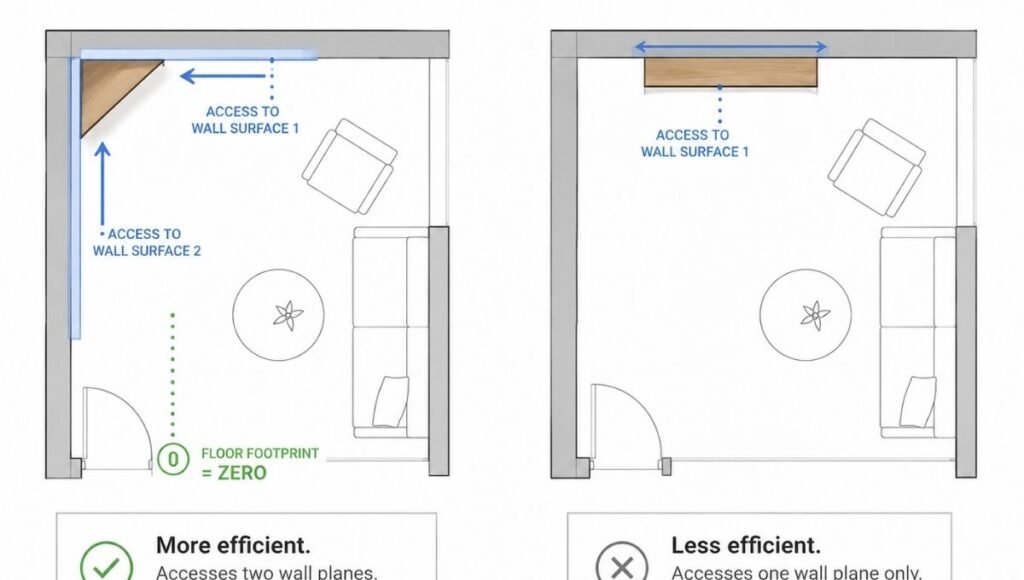 Top-down floor plan comparing a corner shelf versus a flat wall shelf: the corner shelf accesses two wall surfaces simultaneously with zero floor footprint, while a flat wall shelf of equivalent storage takes more linear wall space
