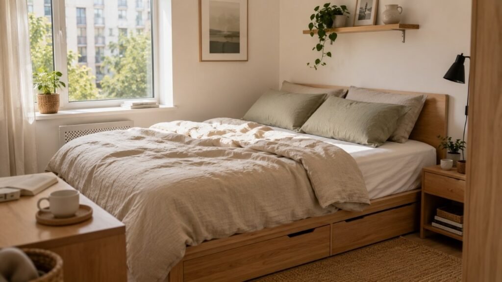 Hybrid bedding setup with a cotton fitted sheet and linen duvet cover
