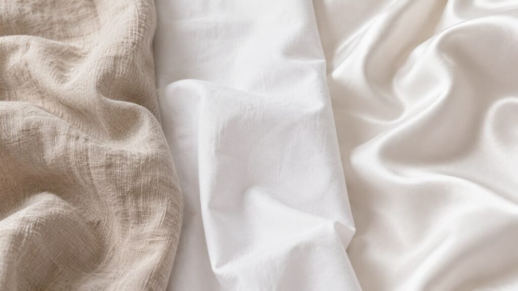 Close-up comparison of linen, cotton percale, and cotton sateen sheet textures