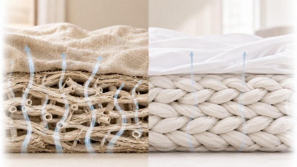 Illustration comparing airflow through linen and cotton sheet fibers