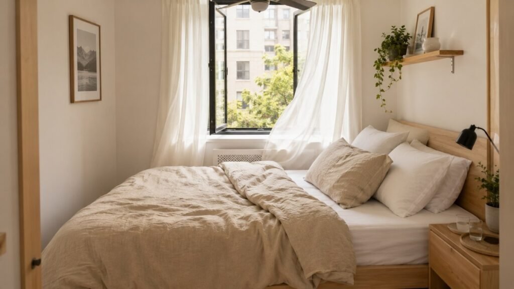 Breathable linen and cotton percale bedding arranged for a hot sleeper
