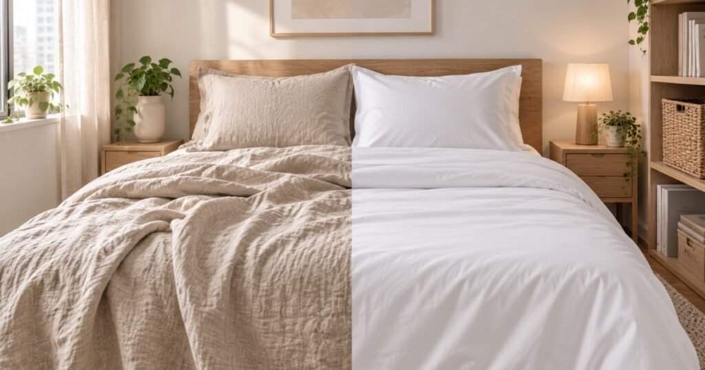 Linen vs cotton sheets displayed side by side in a small apartment bedroom