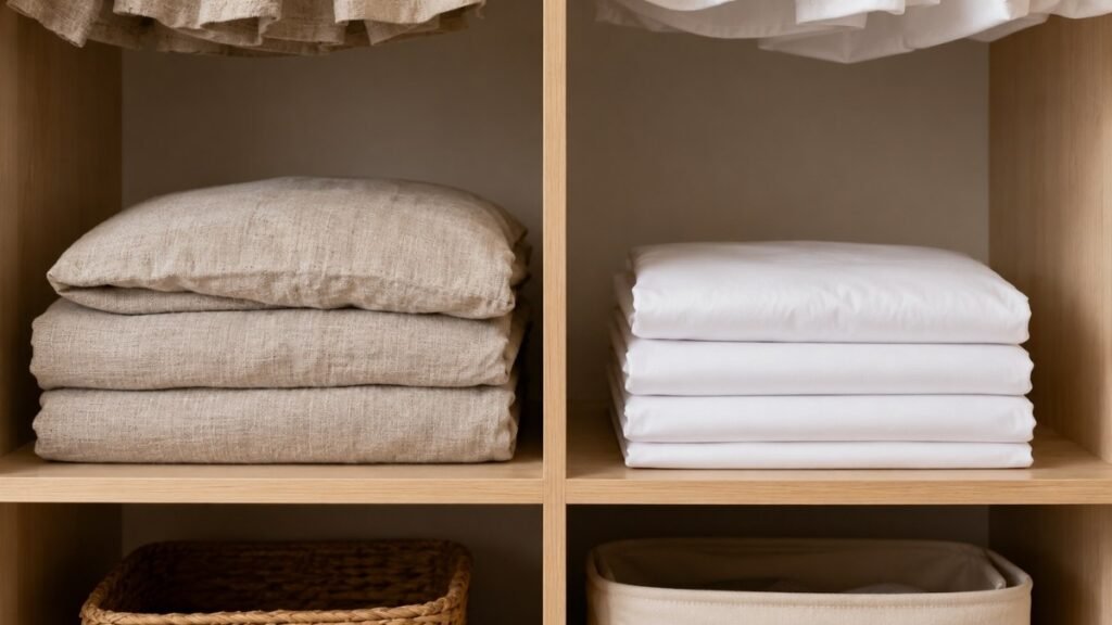 Folded linen and cotton sheets compared inside a small bedroom closet