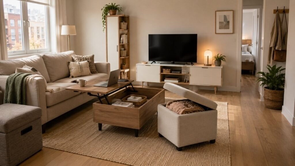 Small living room with a lift-top coffee table, storage ottoman, tall cabinet, and closed TV console.