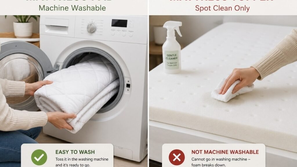 Split view showing cleaning difference: left shows a quilted mattress pad being placed into a washing machine, right shows a memory foam topper with a spot-cleaning cloth and spray bottle — demonstrating why washability is a key difference between the two products
