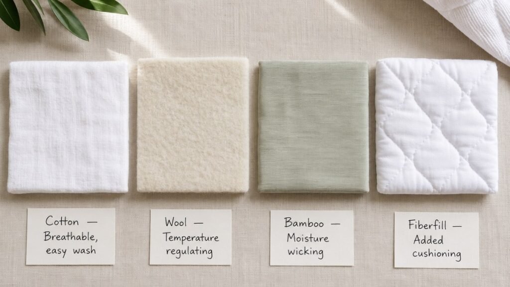 Four mattress pad material swatches shown side by side: white cotton with a soft woven texture, natural cream wool with a dense felt-like surface, pale green bamboo with a silky smooth feel, and white fiberfill with a slightly puffier quilted texture
