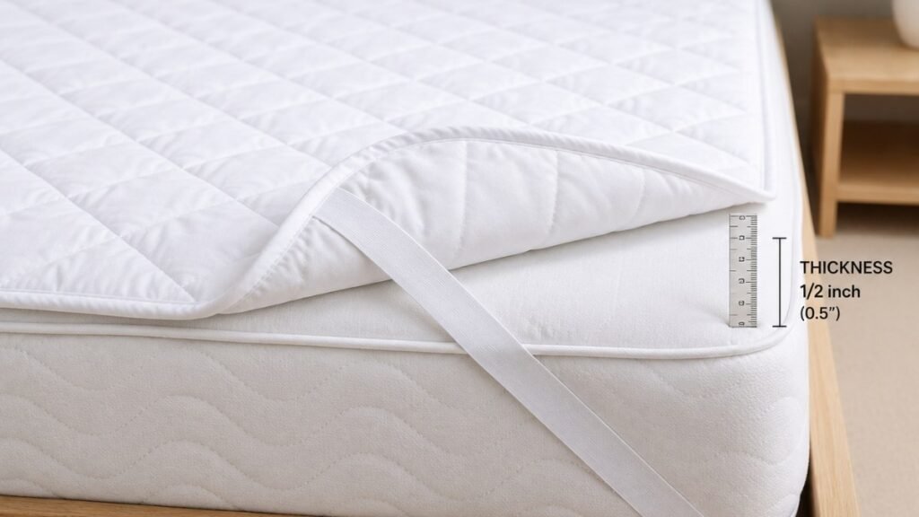 A close-up of a white quilted mattress pad folded back at the corner of a mattress, showing its thin profile of approximately half an inch and the quilted texture that makes it a protective barrier rather than a comfort layer
