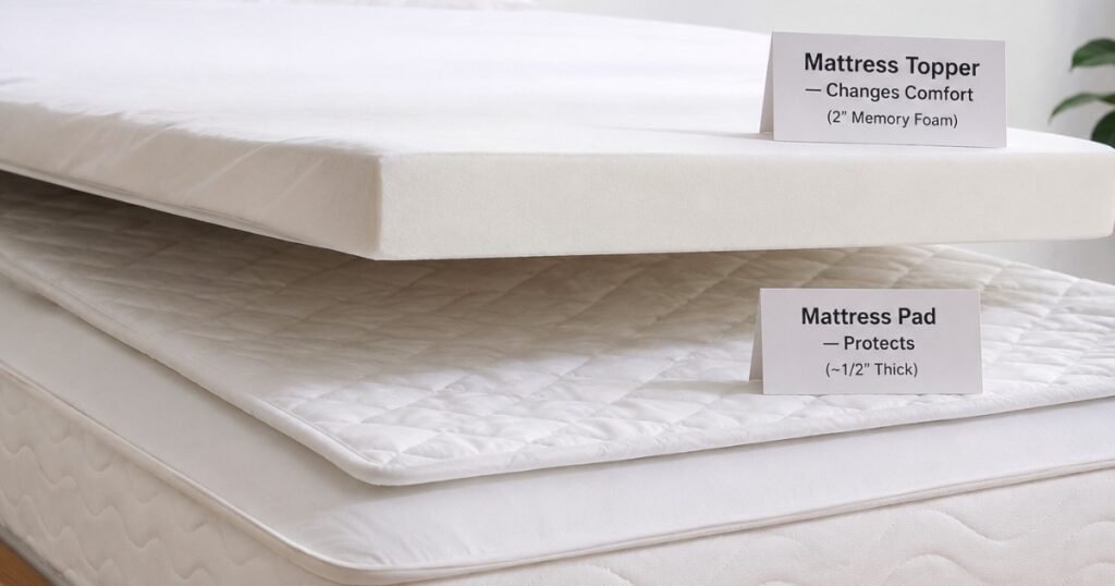 A bed shown with its layers separated and labeled: mattress at the bottom, a thin quilted mattress pad above it, and a thicker memory foam topper above that, showing the difference in thickness and purpose between a pad and a topper
A bed shown with its layers separated and labeled: mattress at the bottom, a thin quilted mattress pad above it, and a thicker memory foam topper above that, showing the difference in thickness and purpose between a pad and a topper
