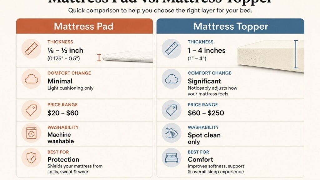 A clean visual comparison showing mattress pad versus mattress topper across five dimensions: thickness (⅛–½ inch vs 1–4 inches), comfort change (minimal vs significant), price ($20–60 vs $60–250), washability (machine wash vs spot clean), and best use case
