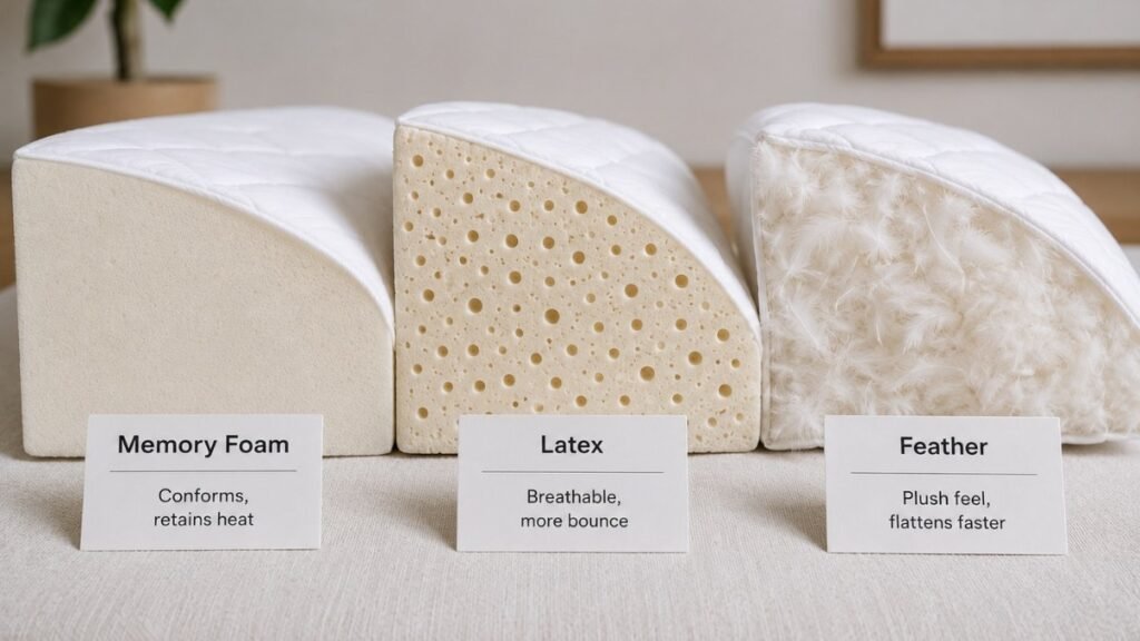 Three mattress topper fill types shown as cut cross-sections: left dense memory foam with a slow-return cell structure, center open-cell latex with visible air channels, right white feather fill showing the soft uneven plush texture — each labeled with its key sleeping characteristic
