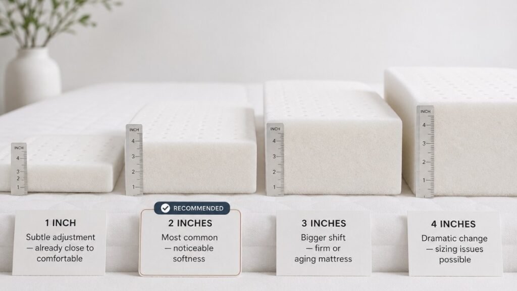 Four mattress topper thicknesses shown side by side from left to right: 1-inch subtle adjustment, 2-inch most common choice, 3-inch significant change, 4-inch dramatic shift — each with a ruler showing exact height and a label describing the use case
