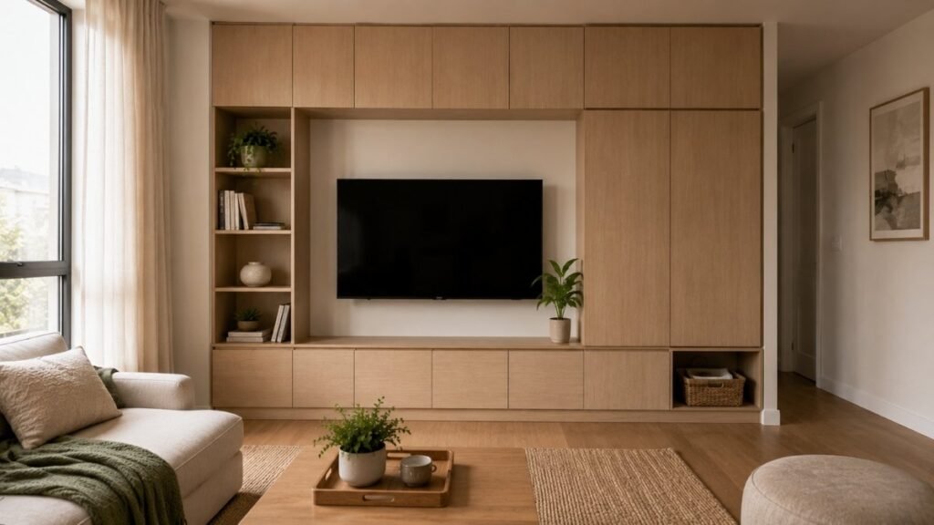 Living room storage wall with mostly closed cabinets and a small amount of open shelving.
