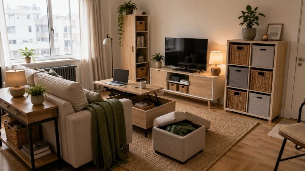 Renter-friendly living room with freestanding cabinets, modular storage, and a movable storage ottoman.