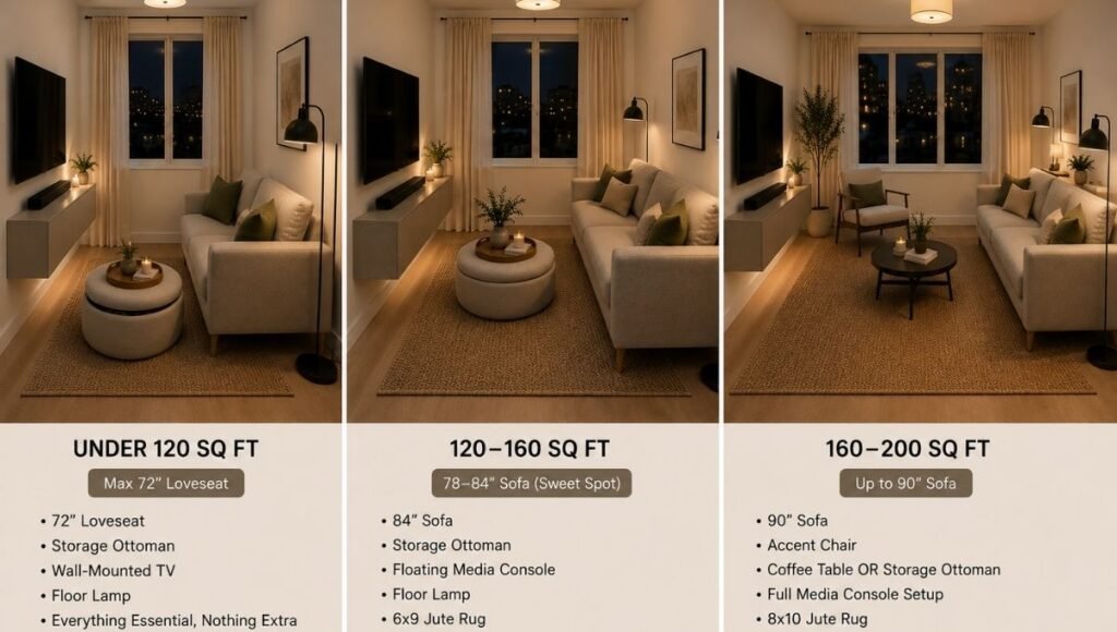 Three small living room configurations shown side by side by square footage: left under 120 sq ft with loveseat and two chairs, center 120–160 sq ft with full sofa and storage ottoman, right 160–200 sq ft with sofa, accent chair, and full furniture set
