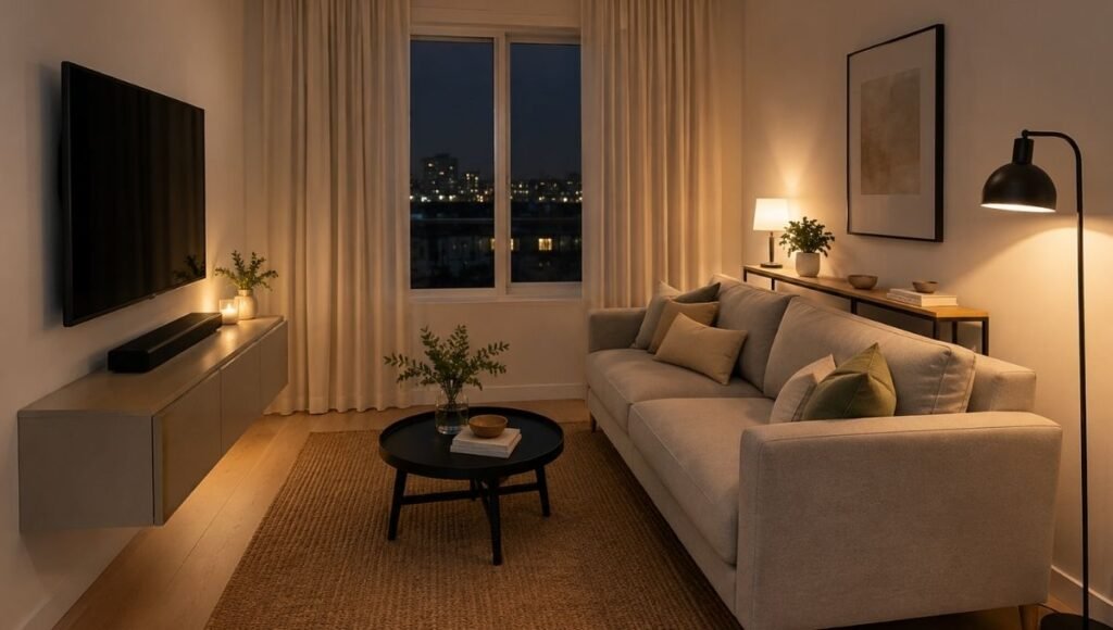 A small apartment living room under 150 square feet showing all five design systems working together: floating sofa arrangement 14 inches from the wall, correctly sized 6x9 jute rug, floating media console, floor lamp beside the sofa, and ceiling-height curtains — demonstrating complete small living room design
