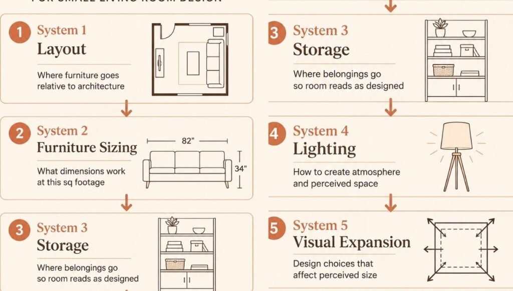 A diagram showing the five small living room design systems in order: System 1 Layout, System 2 Furniture Sizing, System 3 Storage, System 4 Lighting, System 5 Visual Expansion — each with a brief description showing how they build on each other
