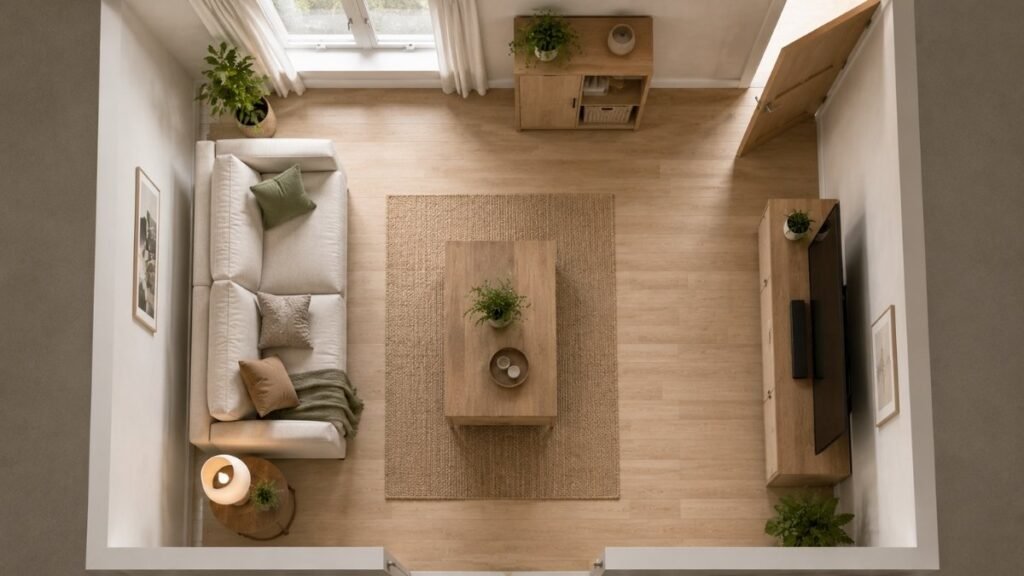 Top-down layout showing clear walking paths around storage furniture in a small living room.