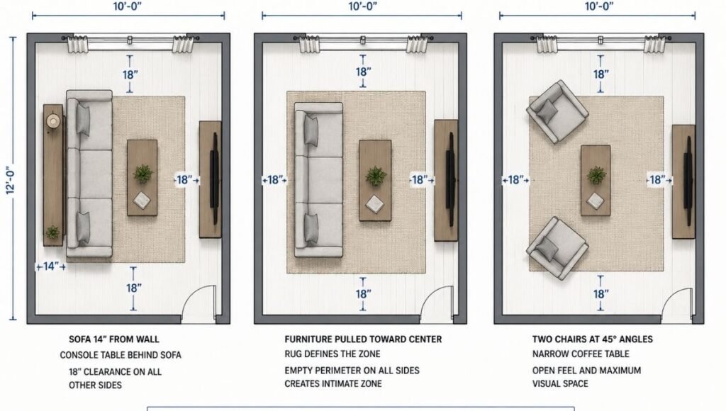 Three small living room layout archetypes shown as top-down floor plans: left standard wall layout with sofa pulled 14 inches from wall, center floating zone layout with furniture centered and rug defining the zone, right two-chair alternative replacing sofa in a studio under 100 sq ft
