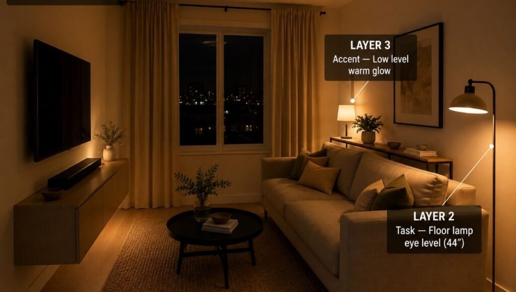 A small living room at evening showing all three lighting layers working together: dimmed warm overhead at 2700K, a floor lamp beside the sofa at seated eye level, and a small table lamp on the console as accent — creating depth and atmosphere through layered light sources
