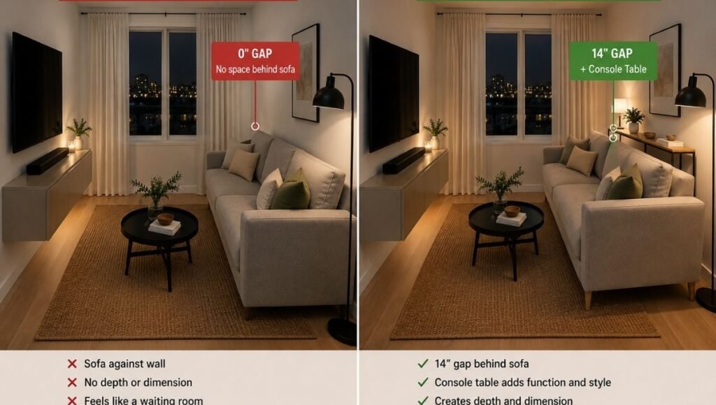Split view of the same small living room: left shows sofa pushed flush against the wall with no clearance looking like a waiting room, right shows the same sofa pulled 14 inches from the wall with a slim console table in the gap looking like a designed zone

