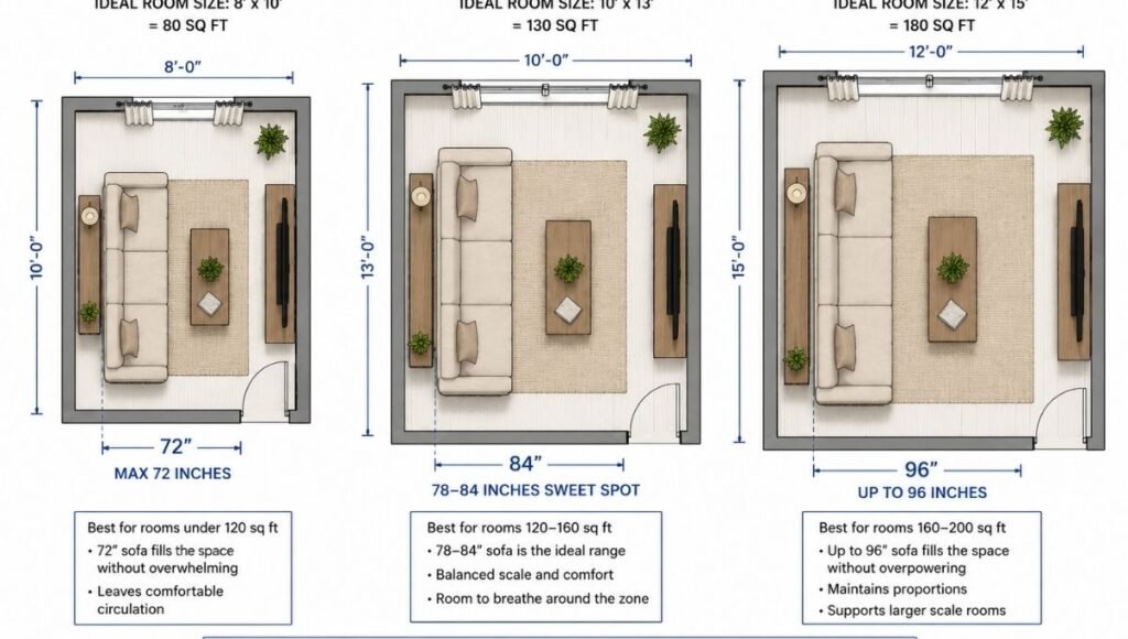 Three room footprints shown at scale with correctly sized sofas: left 120 sq ft room with 72-inch sofa, center 140 sq ft room with 84-inch sofa, right 180 sq ft room with 96-inch sofa — showing how sofa width scales with room square footage
