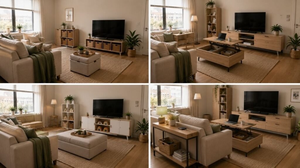Four small living room storage setups for low-budget, apartment, family, and work-from-home needs.
