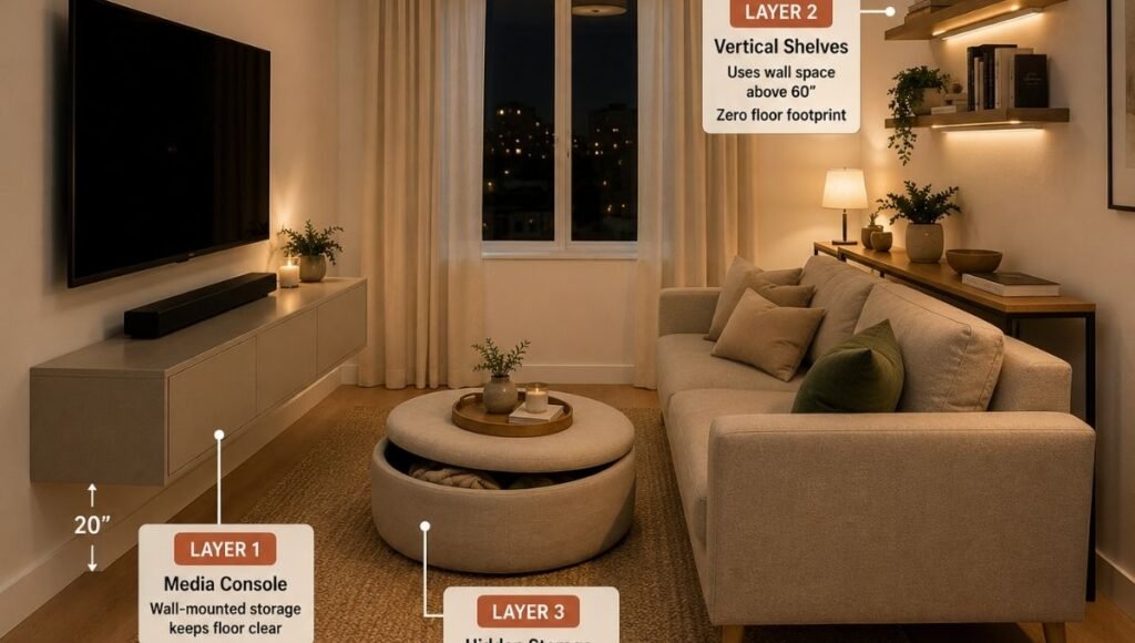 A small living room showing the three storage layers: a floating media console at 20 inches from the floor as Layer 1, wall-mounted floating shelves above 60 inches as Layer 2, and a storage ottoman as coffee table as Layer 3 — all three working together without floor furniture
