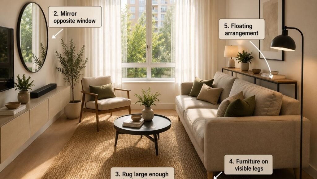 A small living room showing all five visual expansion techniques: ceiling-height curtains, large mirror opposite the window, 6x9 rug with furniture legs on it, furniture on visible legs, and floating sofa arrangement — labeled to show each technique
