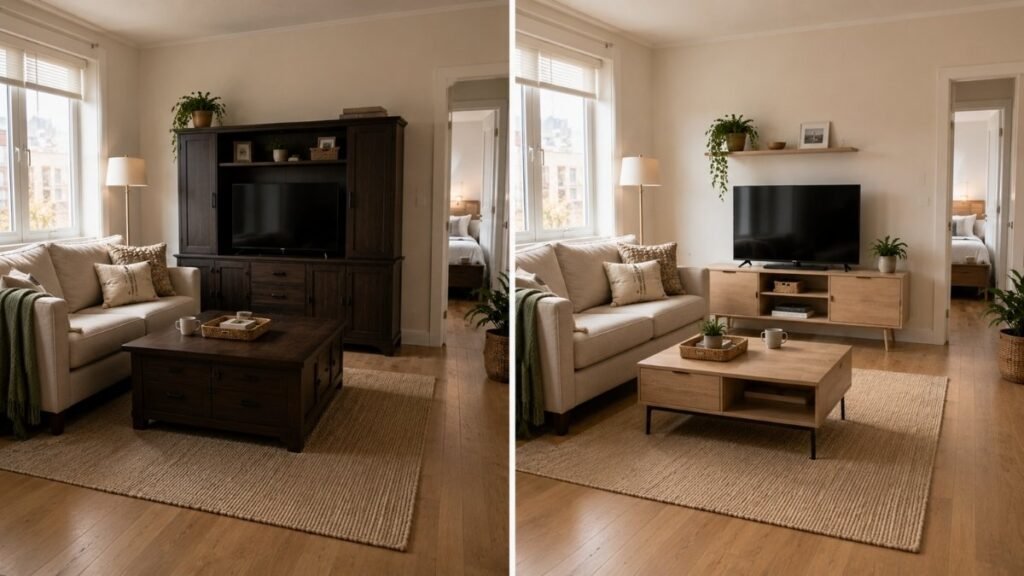 Comparison of bulky floor-level furniture and visually light raised furniture in a small living room.